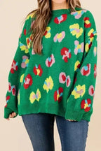 Plus Size Sweaters Green / 1X / 50%Viscose+28%Polyester+22%Polyamide BlossomCurve Green Floral Plus Sweater