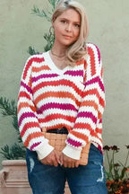 Plus Size Sweaters Pink Stripe / 1X / 55%Acrylic+45%Cotton Cozy Pink Stripe Plus-Size Sweater