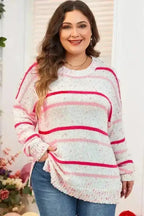 Plus Size Sweaters Pink Stripe / 1X / 60%Cotton+40%Acrylic Cozy Pink Stripe Plus Size Sweater