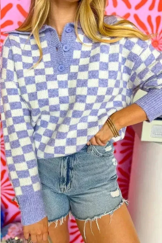 Plus Size Sweaters Purple / 1X / 50%Viscose+28%Polyester+22%Polyamide Cozy Checkmate - Plus Size Purple Checkered Sweater