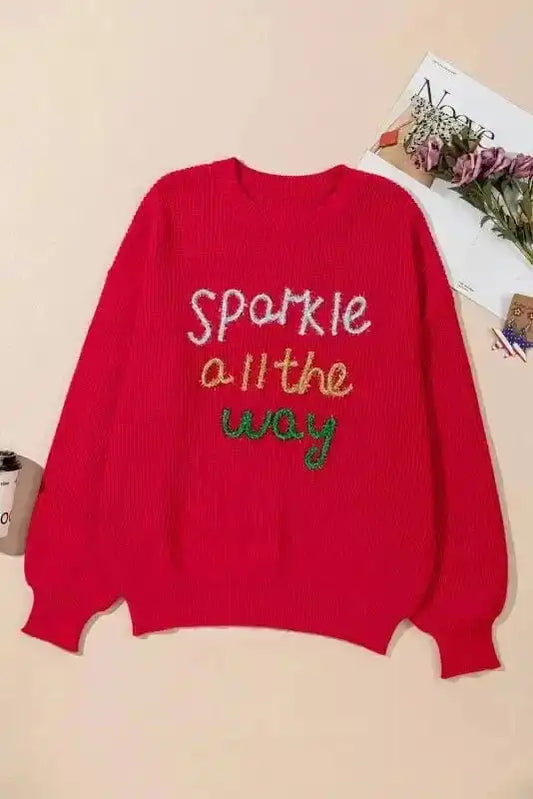 Plus Size Sweaters Racing Red / 1X / 52%Viscose+26%Polyester+22%Polyamide Plus Size Red Sparkle Tinsel Sweater