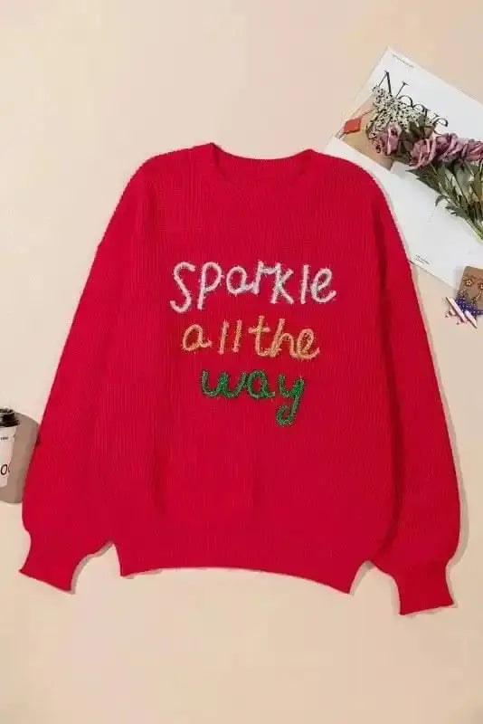 Racing red plus size sparkle tinsel sweater front view — Fashionfitz UK