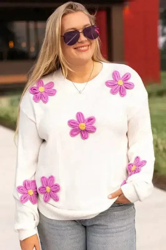 Plus Size Sweaters White / 1X / 60%Acrylic+40%Polyamide Blossom Crochet Plus Size Sweater – White