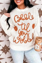 Plus Size Sweaters White / 1X / 60%Cotton+40%Acrylic Cozy Crochet Plus Sweater - Gobble 'Til You Wobble Edition