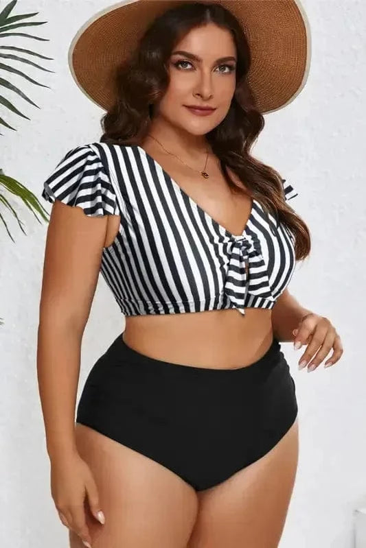 Plus Size Swimwear Black Stripe / 1X / 82%Polyamide+18%Elastane Black Stripe Plus Size High-Waist Bikini - Ruffle Sleeve