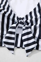 Plus Size Swimwear Black Stripe Plus Size High-Waist Bikini - Ruffle Sleeve