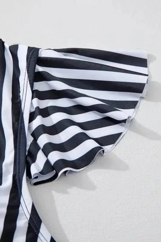 Plus Size Swimwear Black Stripe Plus Size High-Waist Bikini - Ruffle Sleeve