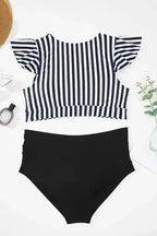 Plus Size Swimwear Black Stripe Plus Size High-Waist Bikini - Ruffle Sleeve