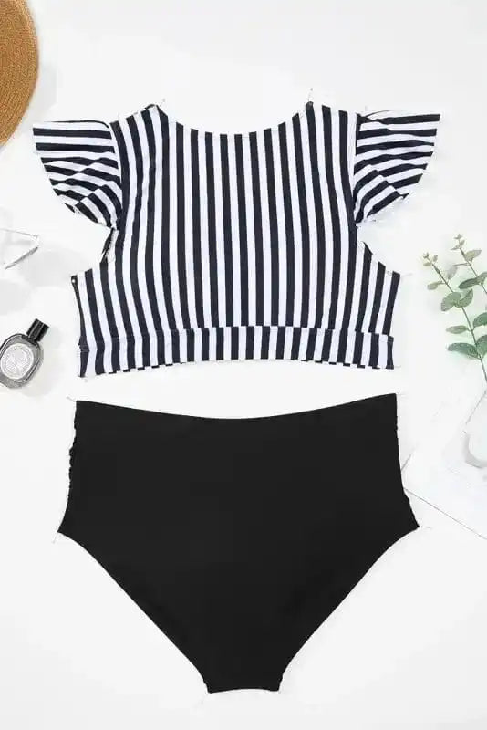 Plus Size Swimwear Black Stripe Plus Size High-Waist Bikini - Ruffle Sleeve