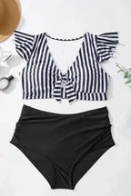 Plus Size Swimwear Black Stripe Plus Size High-Waist Bikini - Ruffle Sleeve