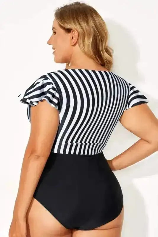Plus Size Swimwear Black Stripe Plus Size High-Waist Bikini - Ruffle Sleeve