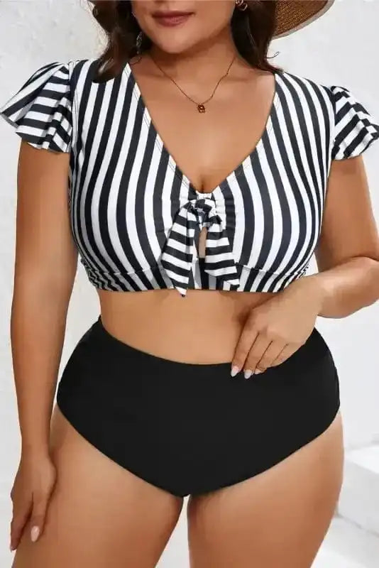 Plus Size Swimwear Black Stripe Plus Size High-Waist Bikini - Ruffle Sleeve