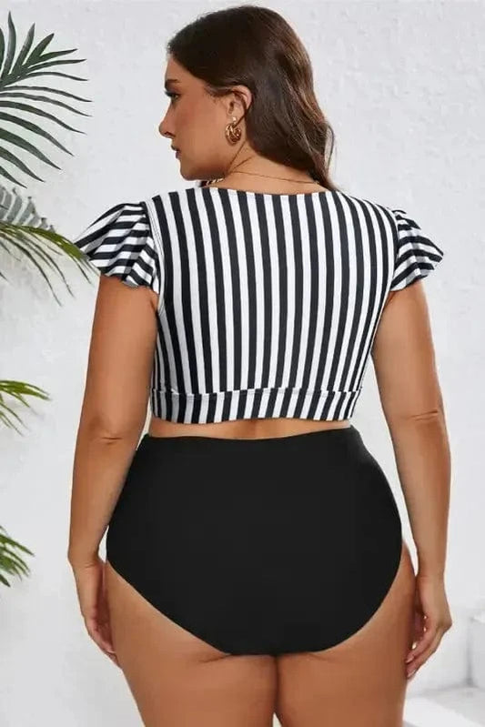 Plus Size Swimwear Black Stripe Plus Size High-Waist Bikini - Ruffle Sleeve