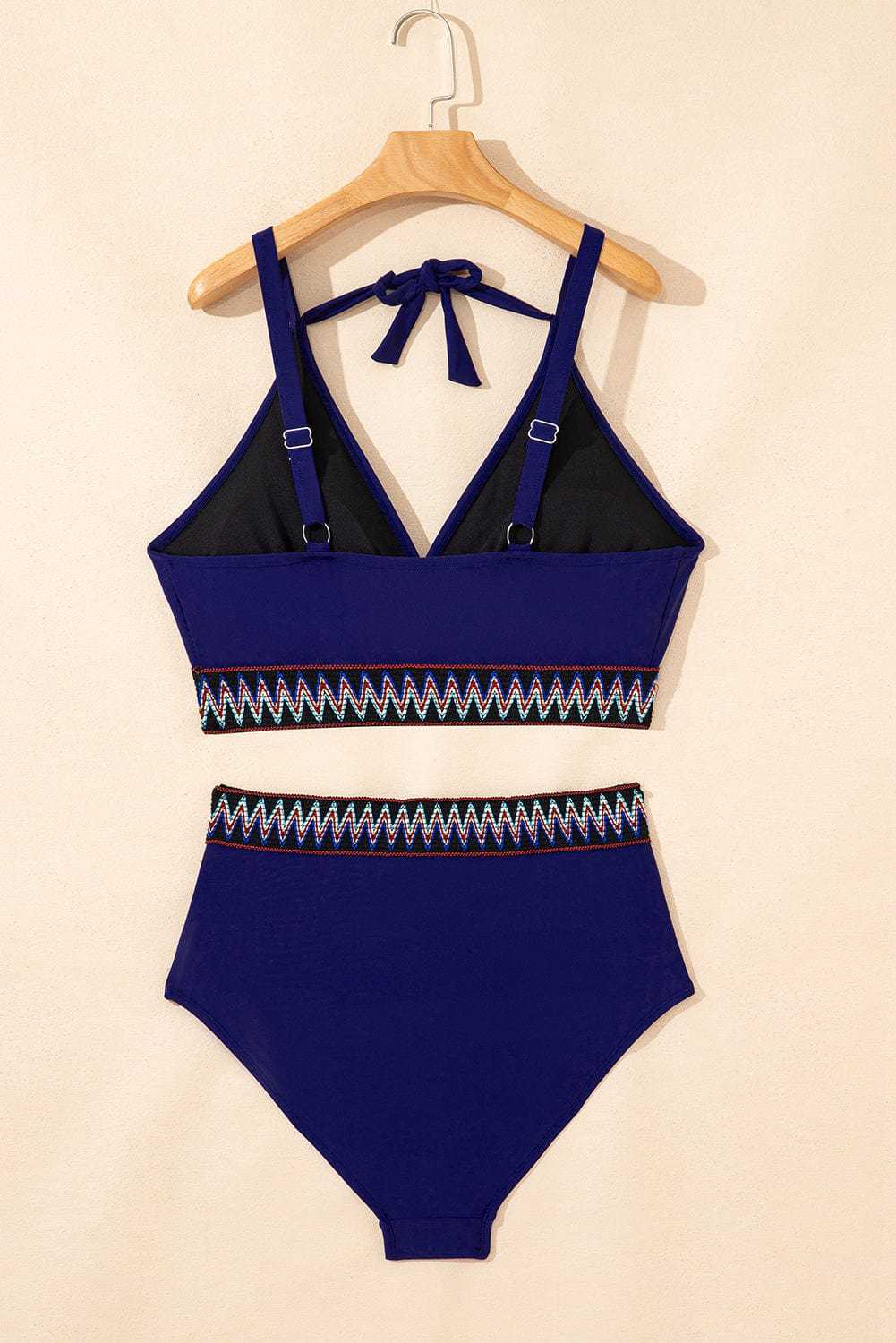 Plus Size Swimwear Embroidered High-Waist Bikini -  Plus Size Navy Blue