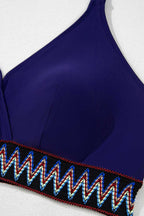 Plus Size Swimwear Embroidered High-Waist Bikini -  Plus Size Navy Blue