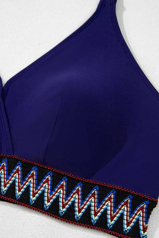 Plus Size Swimwear Embroidered High-Waist Bikini -  Plus Size Navy Blue