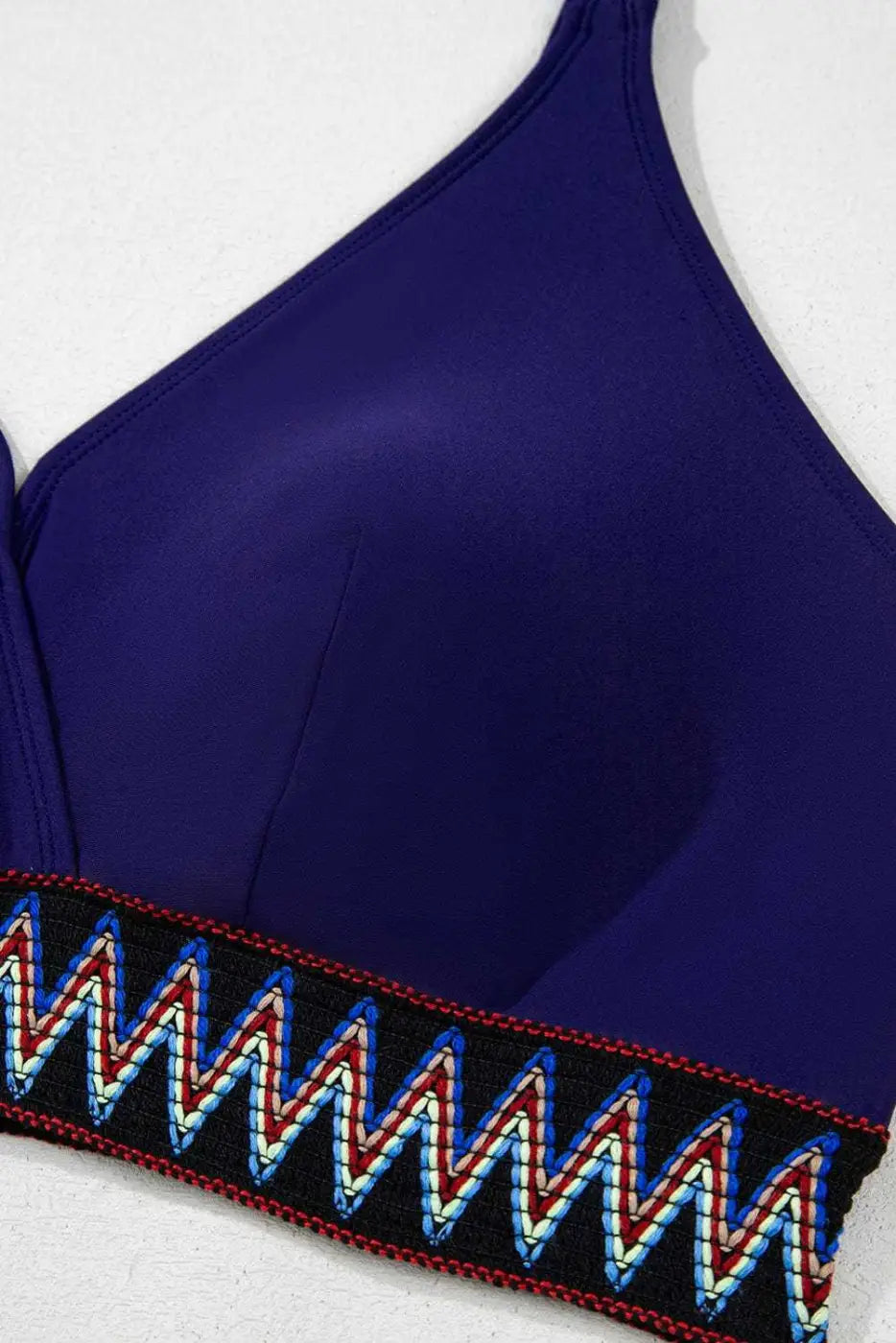 Plus Size Swimwear Embroidered High-Waist Bikini -  Plus Size Navy Blue