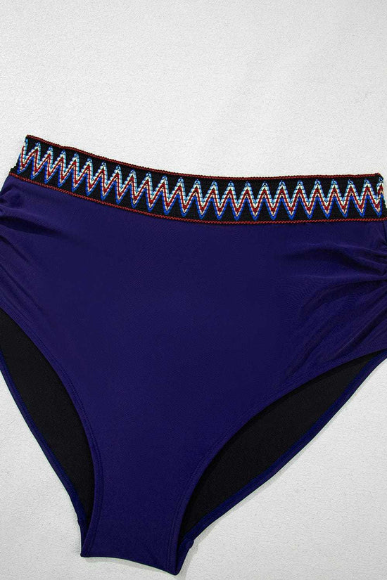 Plus Size Swimwear Embroidered High-Waist Bikini -  Plus Size Navy Blue