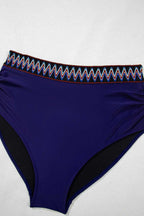 Plus Size Swimwear Embroidered High-Waist Bikini -  Plus Size Navy Blue