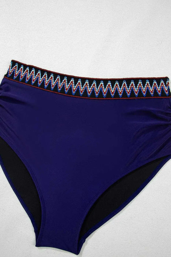 Plus Size Swimwear Embroidered High-Waist Bikini -  Plus Size Navy Blue