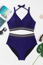 Plus Size Swimwear Embroidered High-Waist Bikini -  Plus Size Navy Blue
