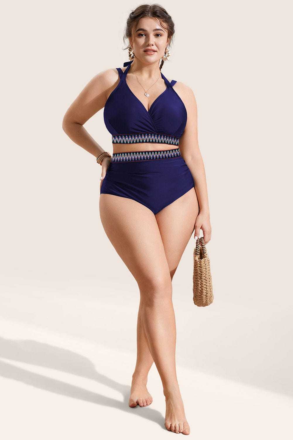 Plus Size Swimwear Embroidered High-Waist Bikini -  Plus Size Navy Blue