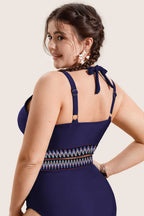 Plus Size Swimwear Embroidered High-Waist Bikini -  Plus Size Navy Blue