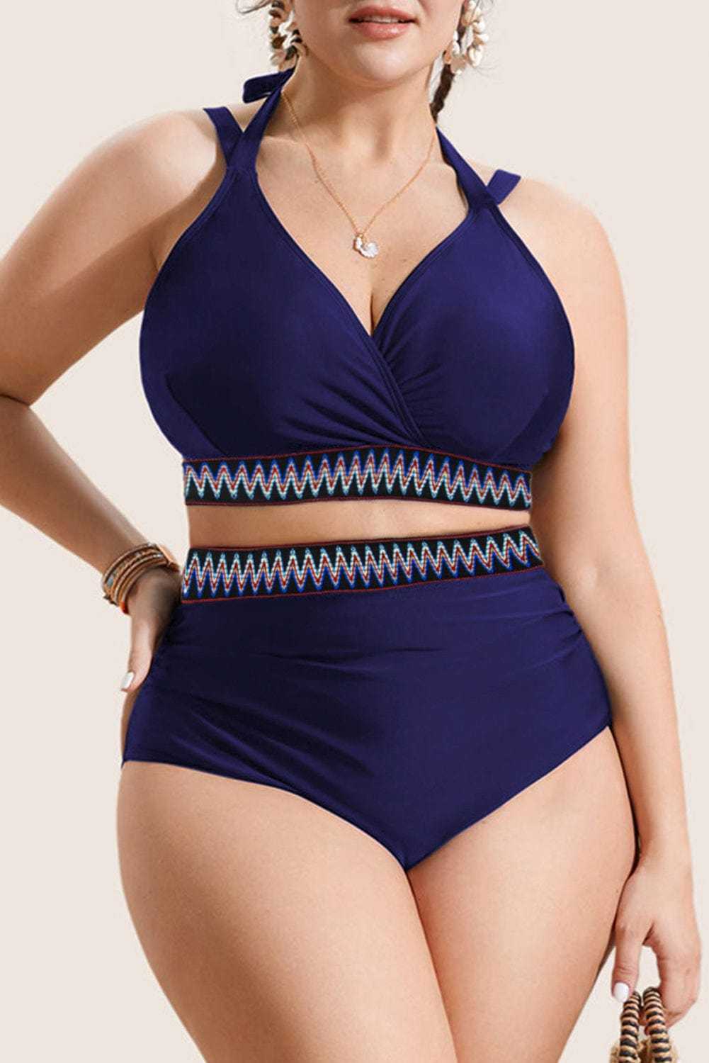Plus Size Swimwear Embroidered High-Waist Bikini -  Plus Size Navy Blue