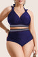 Plus Size Swimwear Embroidered High-Waist Bikini -  Plus Size Navy Blue