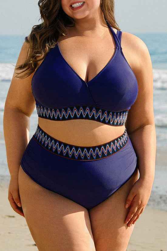 Plus Size Swimwear Embroidered High-Waist Bikini -  Plus Size Navy Blue