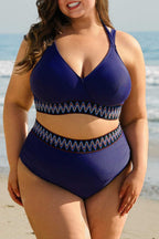 Plus Size Swimwear Embroidered High-Waist Bikini -  Plus Size Navy Blue