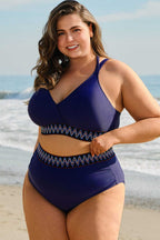 Plus Size Swimwear Embroidered High-Waist Bikini -  Plus Size Navy Blue