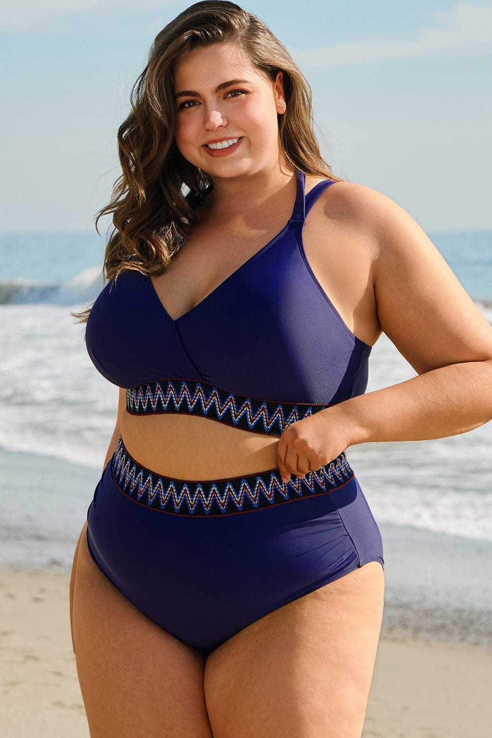 Plus Size Swimwear Embroidered High-Waist Bikini -  Plus Size Navy Blue