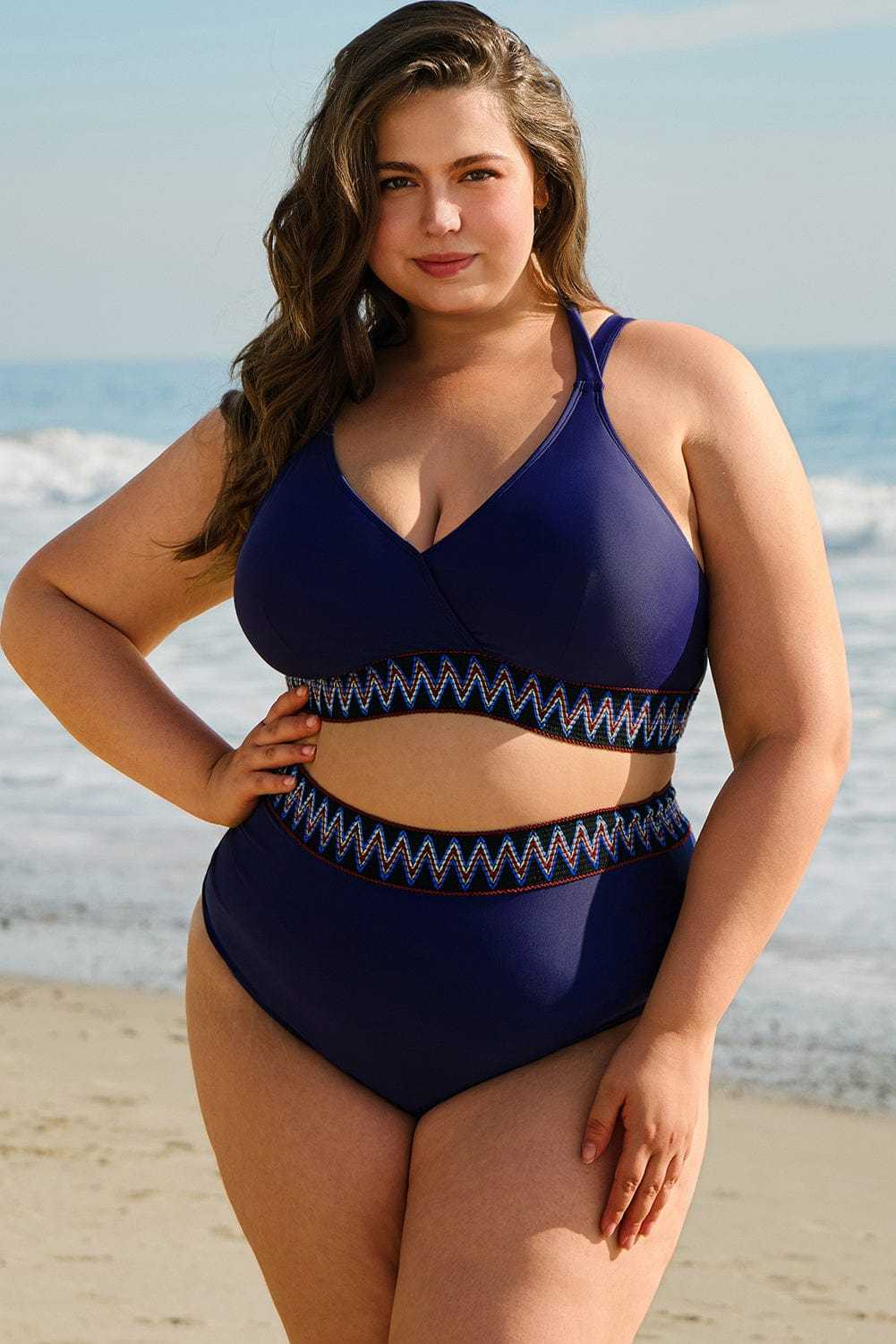 Plus Size Swimwear Embroidered High-Waist Bikini -  Plus Size Navy Blue