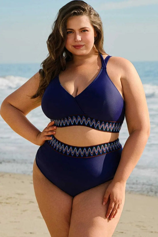 Plus Size Swimwear Embroidered High-Waist Bikini -  Plus Size Navy Blue
