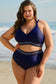 Plus Size Swimwear Embroidered High-Waist Bikini -  Plus Size Navy Blue