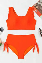 Plus Size Swimwear Orange Plus Size Bikini Set - Ruffled Trim Knotted High Waist