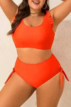 Plus Size Swimwear Orange Plus Size Bikini Set - Ruffled Trim Knotted High Waist
