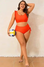 Plus Size Swimwear Orange Plus Size Bikini Set - Ruffled Trim Knotted High Waist
