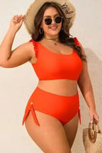 Plus Size Swimwear Orange Plus Size Bikini Set - Ruffled Trim Knotted High Waist