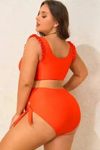 Plus Size Swimwear Orange Plus Size Bikini Set - Ruffled Trim Knotted High Waist