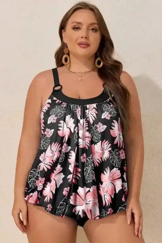 Plus Size Swimwear Plus Size Floral Top Tankini Set - Black 2pcs Wide Strap