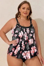 Plus Size Swimwear Plus Size Floral Top Tankini Set - Black 2pcs Wide Strap