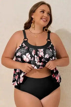 Plus Size Swimwear Plus Size Floral Top Tankini Set - Black 2pcs Wide Strap