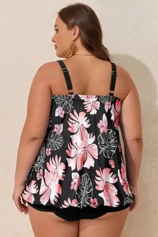Plus Size Swimwear Plus Size Floral Top Tankini Set - Black 2pcs Wide Strap