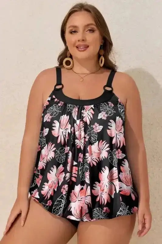 Plus Size Swimwear Plus Size Floral Top Tankini Set - Black 2pcs Wide Strap
