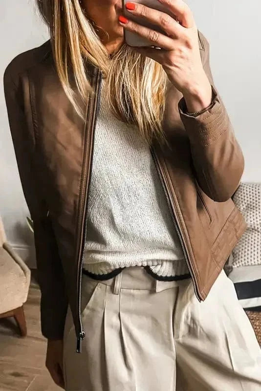 PU Leather Jackets Chestnut / S / shell:100%PU+Lining:100%Polyester SleekStreet Faux Leather Jacket