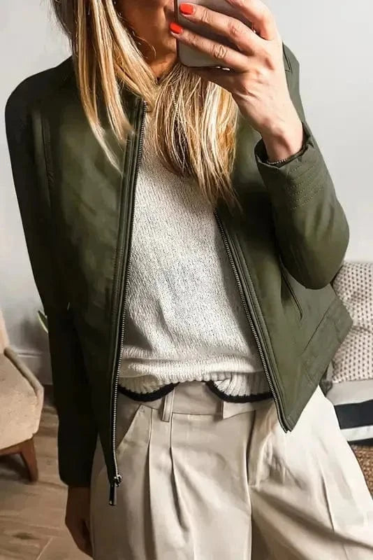PU Leather Jackets Sage Green / S / Shell:100%PU;Lining:100%Polyester FlightLine Faux Leather Jacket