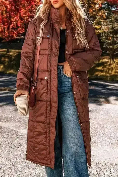 Coffee quilted midi puffer coat front view — Fashionfitz UK