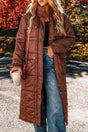 Coffee quilted midi puffer coat front view — Fashionfitz UK